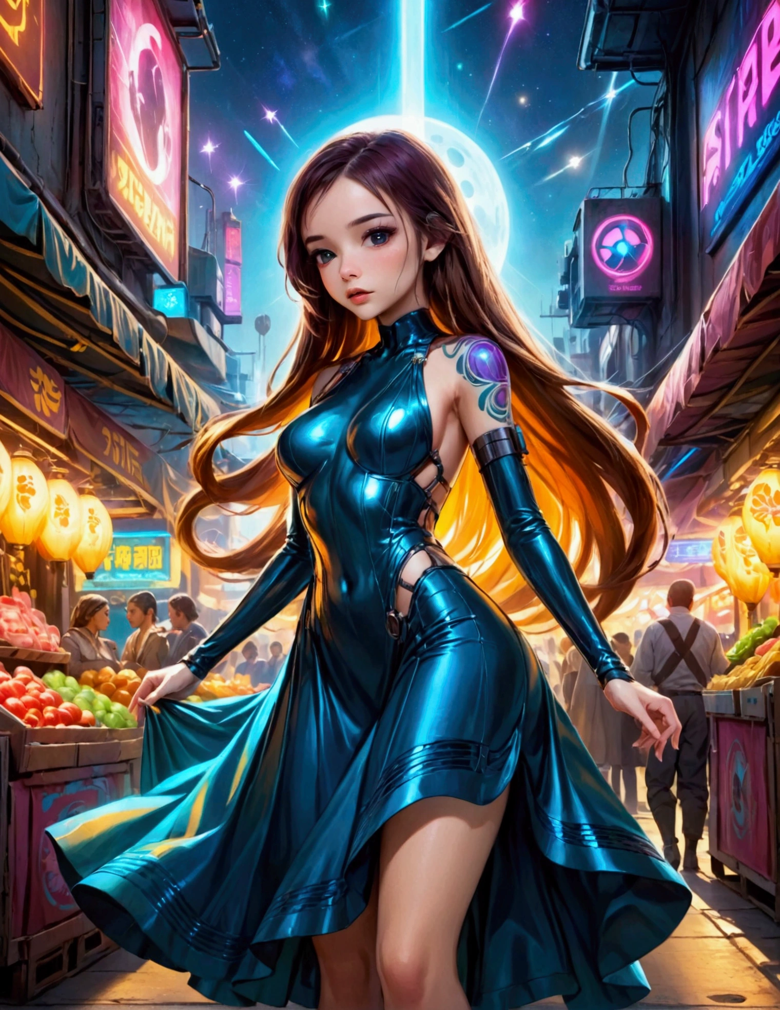 a lovely woman in an airy dress, marketplace on tattooine, aliens, star wars, cyberpunk, neon lights, crowd, futuristic, vibrant colors, detailed, photorealistic, 8k, high quality, cinematic, dynamic pose, beautiful girl, long flowing hair, intricate dress design, alien vendors, bustling marketplace, scifi atmosphere, dramatic lighting, advanced technologies, retro-futuristic, gritty urban, synergistic blend
