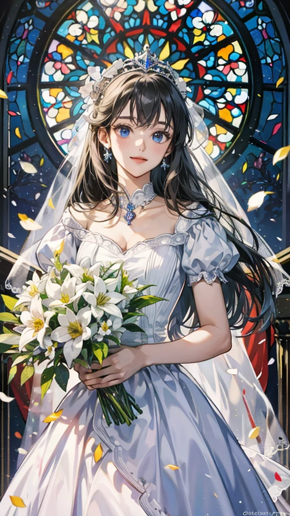 ((highest quality)), ((masterpiece)) Stained glass、church、wedding princess dress, light, Lens flare, White petals, Long Hair Exotic、Bright smile、bouquet、bouquet