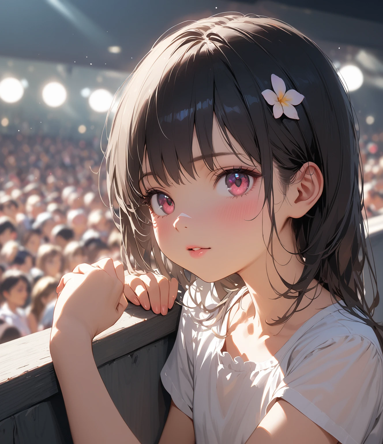 Loli anime girl, Realistic Shadows, Detailed skin, Very small breasts, Black Hair, Very detailed, 8kのVery detailedな顔, perfect face shape, Perfect Lips, Perfect Nose, Correct beautiful eyes, Audience, White shirt, Hair Flowers, masterpiece, Highest quality, Single women, Very good, No panties, alone