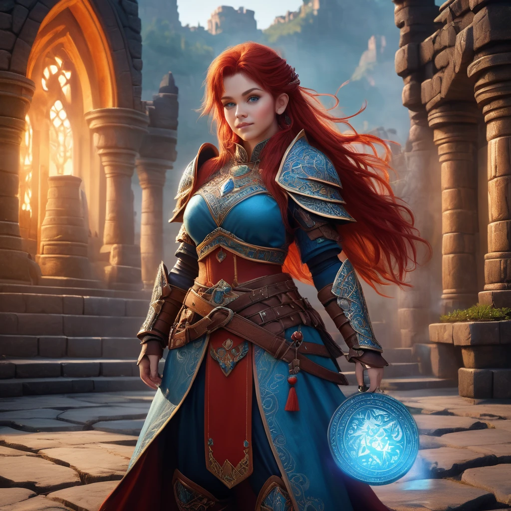 High details, best qualityer, 8k, [ultra detaild], obra de artistry, best qualityer, (extremely detaild), Ângulo dinâmico, ultra wide photo, photorrealistic, artistry de fantasia, artistry, rpg art, artistry realista, an ultra wide image of a dwarf barbara, segurando martistrylo de duas mãos com fogo vermelho sobre ele, wearing barbarian armor , leather armor (best details, obra de artistry, best qualityer: 1.5), blue robe (details Intricate, obra de artistry, best qualityer), holy symbol,(best details, obra de artistry, best qualityer: 1.5),  of the GlowingRunes symbol_pale blue, beautiful female dwarf, ultra detaild face, ultra feminine, Red hair, olhos intensos, greeneyes, d&d fêmea anã (best details, obra de artistry, best qualityer: 1.5) fantasy temple background, heavenly background, ((atmosphere of divine worship)), High details, best qualityer, high resolution, Ultra Wide Angle