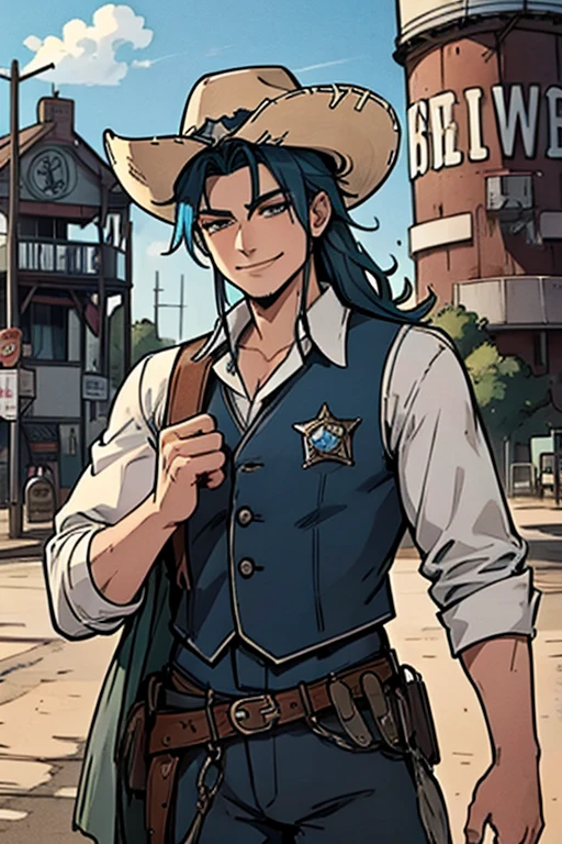 Perfect face. Perfect Hands. A muscular blue haired cowboy with gray eyes with long hair in a sheriff's outfit is smiling in front of a water tower in a wild west town with a big smile