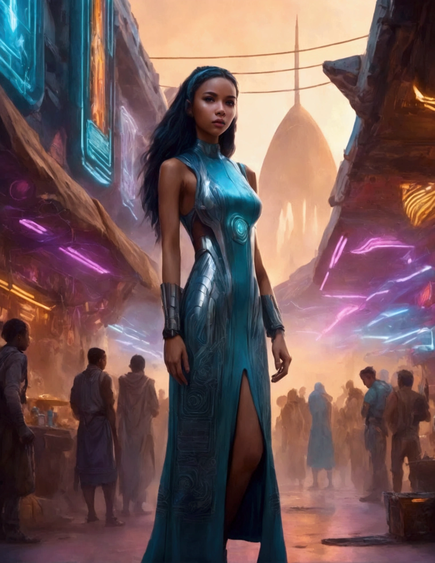 a lovely woman in an airy dress, marketplace on tattooine, aliens, star wars, cyberpunk, neon lights, crowd, futuristic, vibrant colors, detailed, photorealistic, 8k, high quality, cinematic, dynamic pose, beautiful girl, long flowing hair, intricate dress design, alien vendors, bustling marketplace, scifi atmosphere, dramatic lighting, advanced technologies, retro-futuristic, gritty urban, synergistic blend
