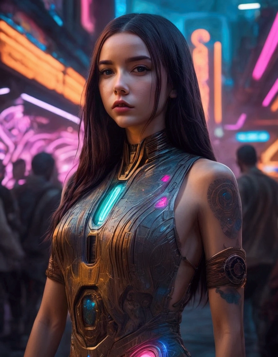 a lovely woman in an airy dress, marketplace on tattooine, aliens, star wars, cyberpunk, neon lights, crowd, futuristic, vibrant colors, detailed, photorealistic, 8k, high quality, cinematic, dynamic pose, beautiful girl, long flowing hair, intricate dress design, alien vendors, bustling marketplace, scifi atmosphere, dramatic lighting, advanced technologies, retro-futuristic, gritty urban, synergistic blend
