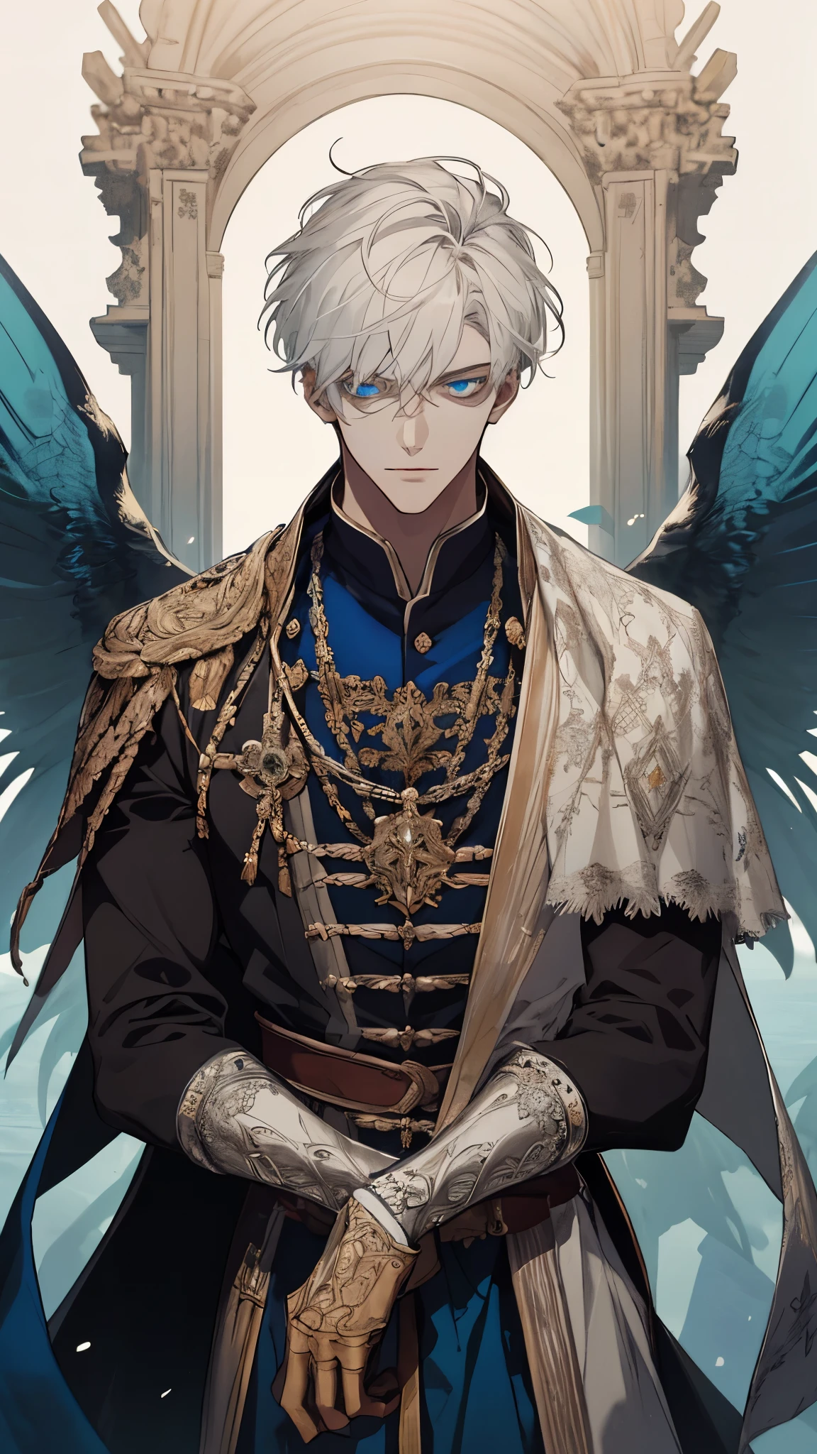 (extreamly delicate and handsome:1.2), 8K,(шедевр:1.0),(best_quality:1.0), 1boy, and intricate detailing, Enlarged textures, and intricate detailing, finely eye and detailed face, white simple medieval outfit, ruinscape background, (closed mouths),long white hair, Perfect eyes, blue sea eyes, Equal eyes, (A male god)