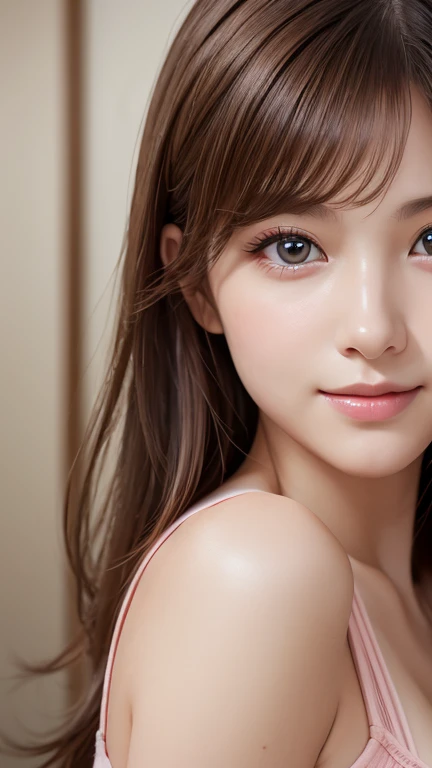 (One girl), Brown Hair, Great face and eyes, Pink Eyes, (Amazingly beautiful girl), Brown Hair, (Highest quality:1.4), (Very detailed), (Very detailed CG 統合 8k 壁紙), Very detailed, High resolution raw color photos, Professional photography, Depth of written boundary, messy hair、smile:1.1