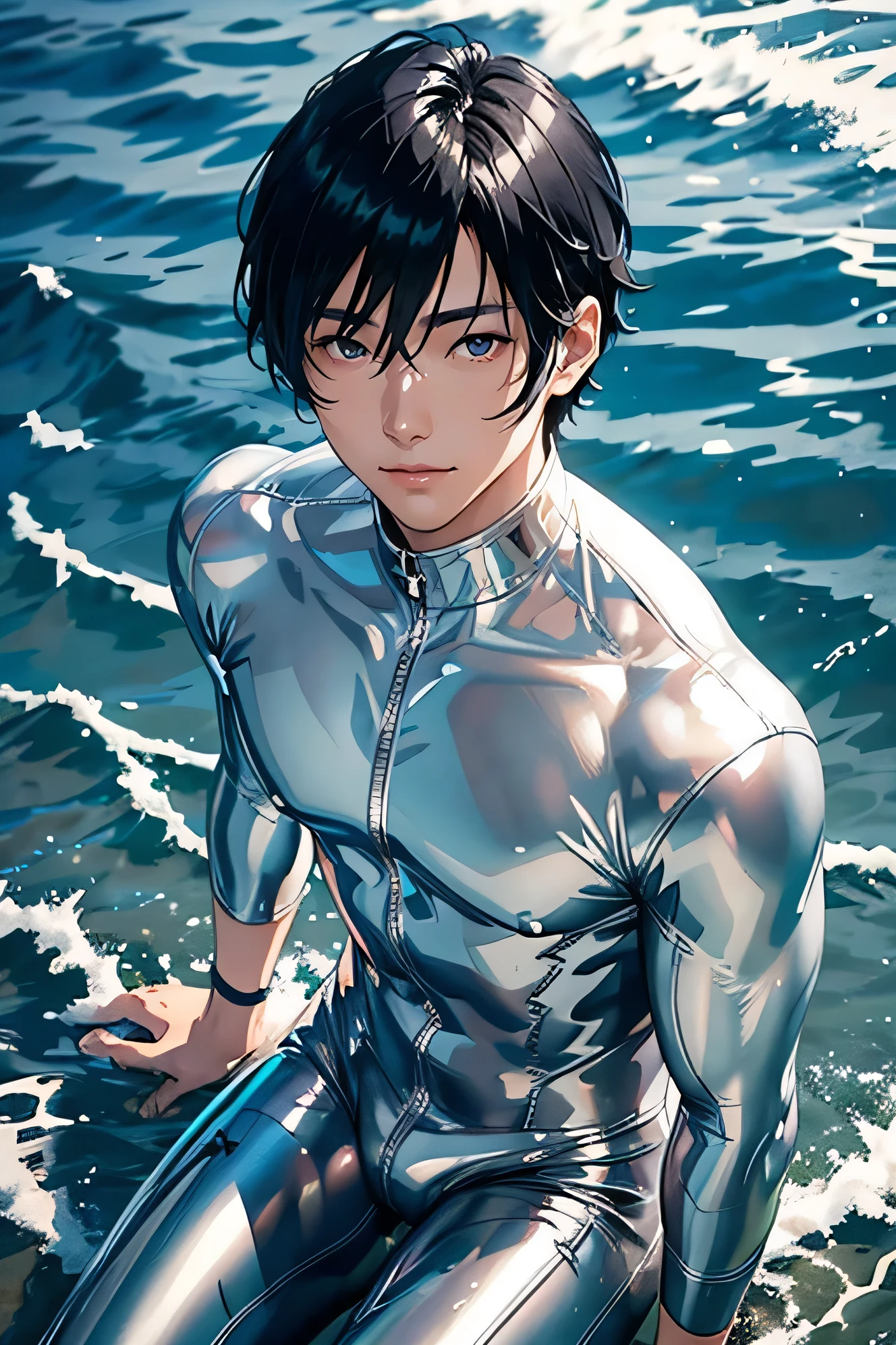 Handsome Japanese male models Black Hair Short cut Slim figure smile looking at the camera soaked Ocean Shiny white and silver suit A shiny silver latex suit that covers the skin Bulge クローズup Bright blue sky up Kneel