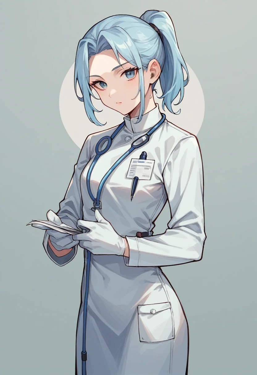 1girl, ponytail, ((white elbow gloves)), ((surgical gloves)), ((latex gloves)), ((((long sleeves)))), ((light blue surgeon outfit)), looking at viewer, ((light blue doctor outfit)), standing, solo