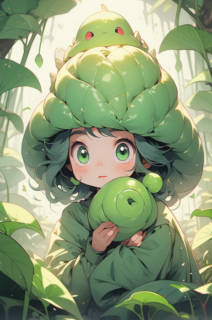 1 girl, brain slug, cute, green