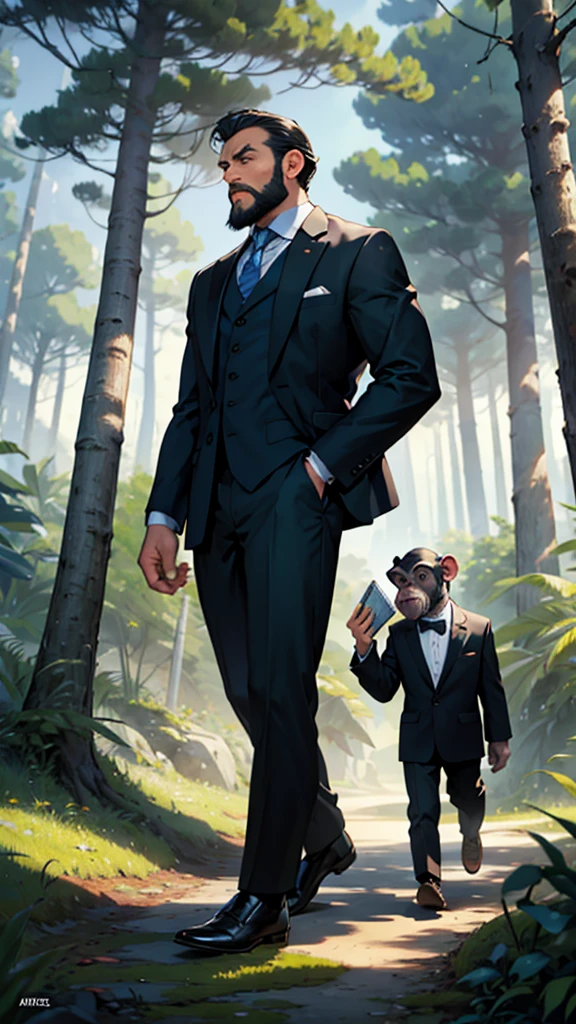 Create the image of a businessman man, with short black hair and beard, and is wearing a blue suit. the man who is standing in front of a tree. In the tree there is a small chimpanzee, young and thin, in the style of the film Planet of the Apes. They are in a forest, and the chimpanzee is handing the man a magazine.