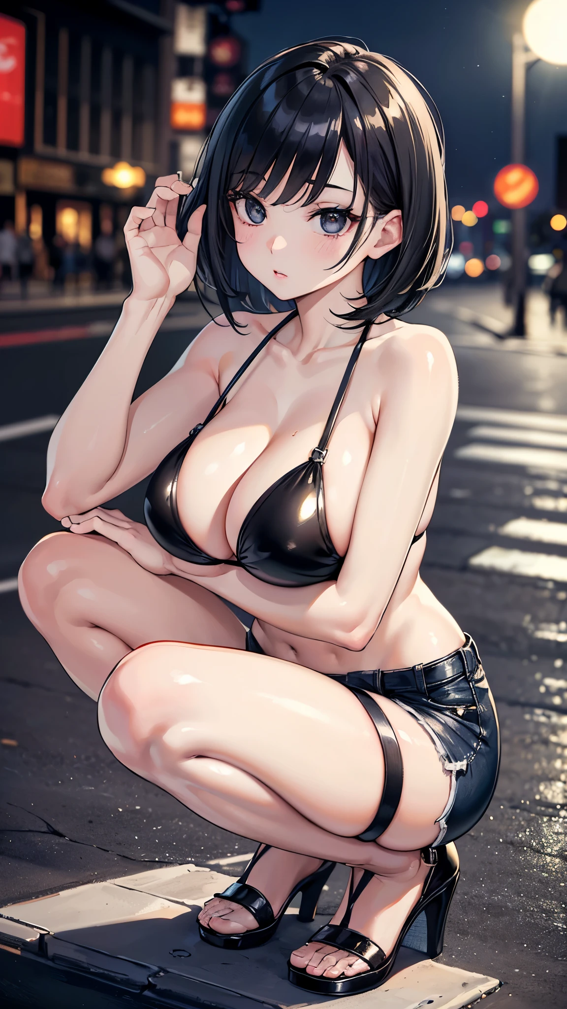 (masterpiece, 最high quality, 超High resolution, Very detailed), (Realistic:1.1, photoRealistic:1.4), Perfect illustration, Perfect lighting,Hair in perfect detail, Perfect and detailed face, Perfect collarbone, Perfect body,Perfect Thighs, Beautiful feet, View your viewers, 1 Girl,Perfect Face, (Perfect Anatomy, Anatomically correct), Symmetrical face、((Shiny Hair)),Sexy Body、(masterpiece),(最high quality:1.3),8k,Very clear,(Ultra-realistic),Captivating woman,(high quality, High resolution, Fine details), Realisticなスタイルの女性,One perfect woman、Perfect Face、、((Shiny Hair))、((Close-up))、((Juicy lips))、Cowboy Shot、(((short black hair)))、((Large, double-set black eyes、Long eyelashes))、((Very large and impressive breasts))、(((Lower your hips and squat)))、((Side view))、(((Bikini Topicro Shorts)))、(Stiletto heels)、(On the street at night)
