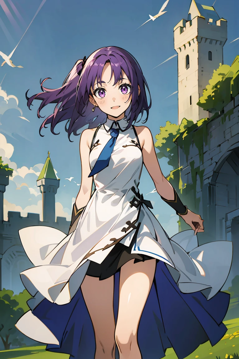 (masterpiece:1.2), (high quality:1.2), reo mikage, blue lock, girls with((1girl, solo, purple hair, (medium hair, right swept bangs, one side up:1.55), bare shoulder, blush, breasts, choker, cleavage, cowboy shot, collar, collarbone, rosary, cross, blue shirt, chinese shirt, white dress, sleeveless, collared shirt, collarbone, necktie, arm wears, elbow armwarmers, blue cheongsam, princess dress, long dress, frilled panniers, (open dress:1.34), black leggings, boots, sandals, bare legs, stands)), background with((fantasy world, ruin, castle, beautiful sky, shining sky, sunshine:1.35))