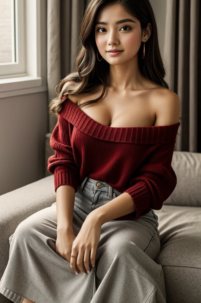 1girl 30 year old, Latina Woman, solo, long hair, big breasts, looking at viewer, bare shoulders, brown eyes with big eyeglasses, jewelry necklace, off shoulders, (white and red sweater), dark red lips, flirting with camera, (hanging a book), three quarters body shot, realistic photography, highly detailed, 4k photo, club, sexy perfect anatomy, perfect symmetry, soft lights, long curly brown hair