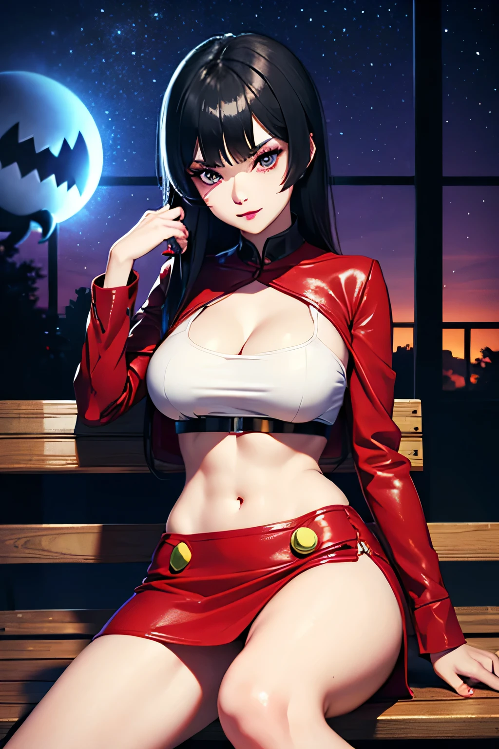 (masterpiece), perfect face, expressive eyes, beautiful makeup, voluptuous woman, toned physique, pale white skin, black long hair, straight cut bangs covering eyebrows, red shining eyes, Sabrina Saffron City Gym Leader Pokémon series, red leather jacket, black tank top, red leather skirt, gothic style, Gengar Tattoo on arm, holding a pokeball, sultry, sitting, bench, park, night, smiling, cute, adorable, ((surrounded by Gengar, Haunter and Ghastly)), Pokémon Gym Leader, sexy pose,