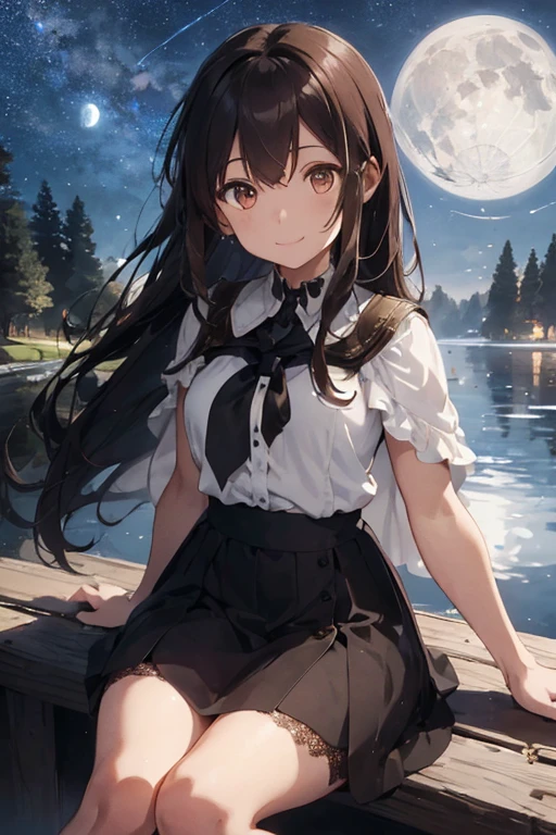 A girl with long brown hair and brown eyes and a white uniform and a long black skirt and a sword tied to her waist and a white lace cape full of stars and moon on her dress and shoulder
Sitting by the lake and staring at you with a calm smile and closing her eyes to the sky