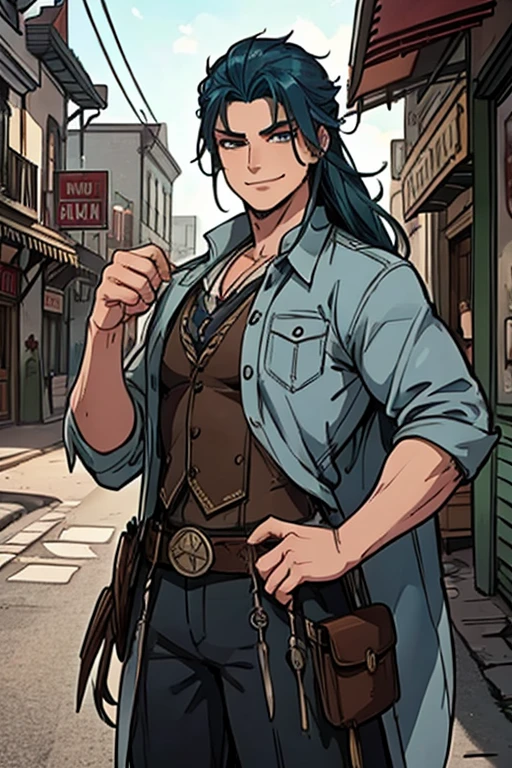 Perfect face. Perfect Hands. A muscular blue haired cowboy with gray eyes with long hair in a sheriff's outfit is smiling in front of a saloon in a wild west town with a big smile