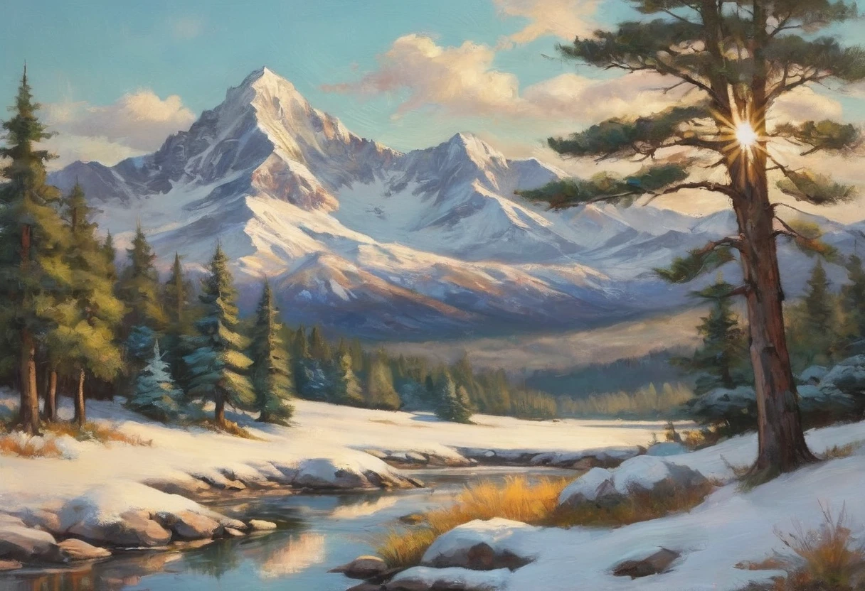 A painting of the sun and the snow mountain in the daytime with snowed pine tress, with beautiful shadows and reflections. The scene is bright and serene, with a warm and cool color contrast, The grass and trees are white，Covered in silver highly detailed in, undefined,. Include vibrant pastel colors, sleek lines, and a retro summer atmosphere. The style should be reminiscent of vintage travel posters with a modern twist, mphasize the fluidity and movement of the dream world through dynamic brushstrokes and abstract forms