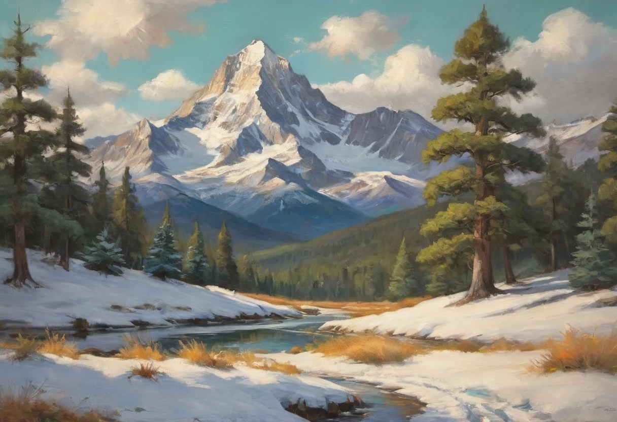 A painting of the sun and the snow mountain in the daytime with snowed pine tress, with beautiful shadows and reflections. The scene is bright and serene, with a warm and cool color contrast, The grass and trees are white,Covered in silver highly detailed in, undefined,. Include vibrant pastel colors, sleek lines, and a retro summer atmosphere. The style should be reminiscent of vintage travel posters with a modern twist, mphasize the fluidity and movement of the dream world through dynamic brushstrokes and abstract forms