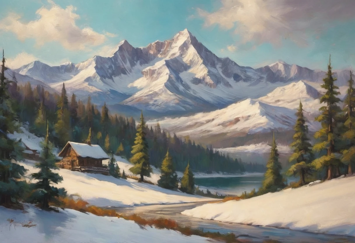 A painting of the sun and the snow mountain in the daytime with snowed pine tress, with beautiful shadows and reflections. The scene is bright and serene, with a warm and cool color contrast, The grass and trees are white,Covered in silver highly detailed in, undefined,. Include vibrant pastel colors, sleek lines, and a retro summer atmosphere. The style should be reminiscent of vintage travel posters with a modern twist, mphasize the fluidity and movement of the dream world through dynamic brushstrokes and abstract forms