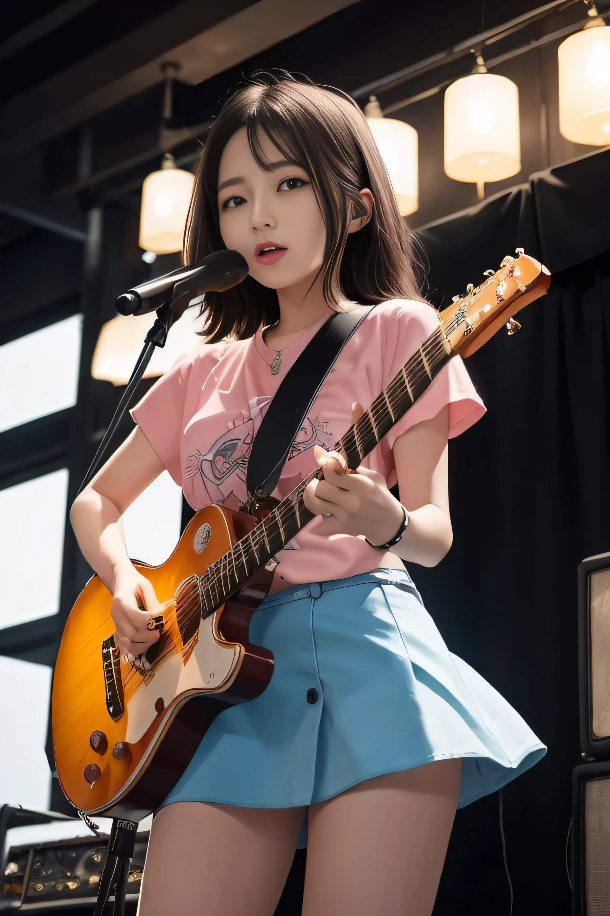 (RAW quality:1.4), (masterpiece, Highest quality)、live house、Cute girl guitarist、Dark Eyes、Gorgeous lighting、Tight mini skirt、Black Hair、Japanese women、Stand microphone、