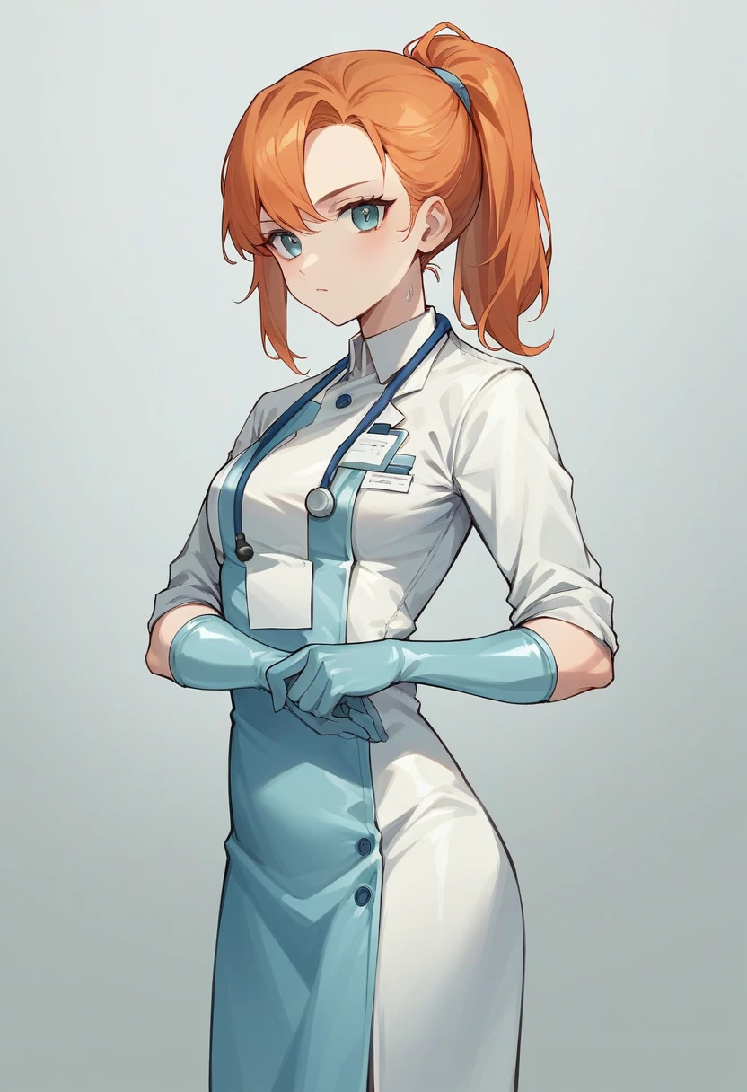 1girl, orange hair, ponytail, ((white elbow gloves)), ((surgical gloves)), ((latex gloves)), ((((long sleeves)))), ((light blue surgeon outfit)), looking at viewer, ((light blue doctor outfit)), standing, solo