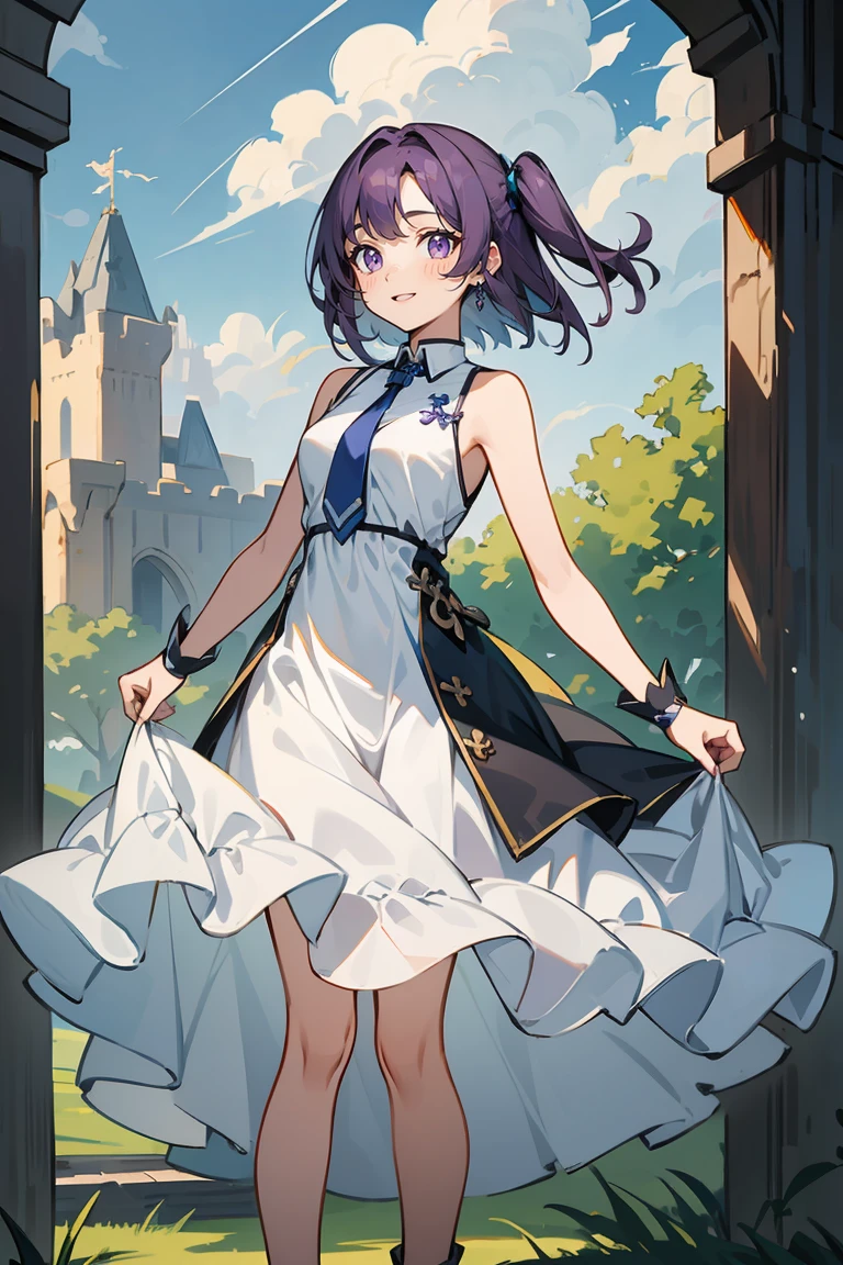 (masterpiece:1.2), (high quality:1.2), reo mikage, blue lock, girls with((1girl, solo, purple hair, (medium hair, right swept bangs, one side up:1.55), bare shoulder, blush, breasts, choker, cleavage, cowboy shot, collar, collarbone, rosary, cross, blue shirt, chinese shirt, white dress, sleeveless, collared shirt, collarbone, necktie, arm wears, elbow armwarmers, blue cheongsam, princess dress, long dress, frilled panniers, (open dress:1.34), black leggings, boots, sandals, bare legs, stands)), background with((fantasy world, ruin, castle, beautiful sky, shining sky, sunshine:1.35))