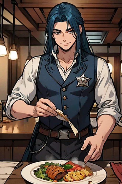 Perfect face. Perfect Hands. A muscular blue haired cowboy with gray eyes with long hair in a sheriff's outfit is eating dinner at a saloon with a big smile