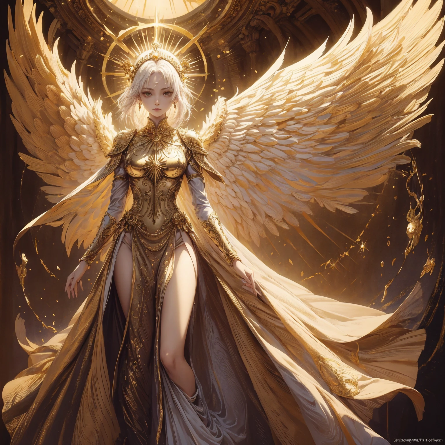 Art of elderly mature woman wearing sun crown, Wearing ornate golden breastplate that exposes a small amount of skin above the chest, A pair of armored angelic wings spreading out behind the woman and the wings have extremely long size feather that even taller than the woman's body, Ancient goddess art, Sacredness. Very detailed, Mysterious inspiration, Inspiration from the Sun God, Religious inspiration, Cold and snobbish face, No smile, Dangerous impersonal expressions, White hair, Standing, Full body portrait, Gothic art style, Weird art style, Occult art