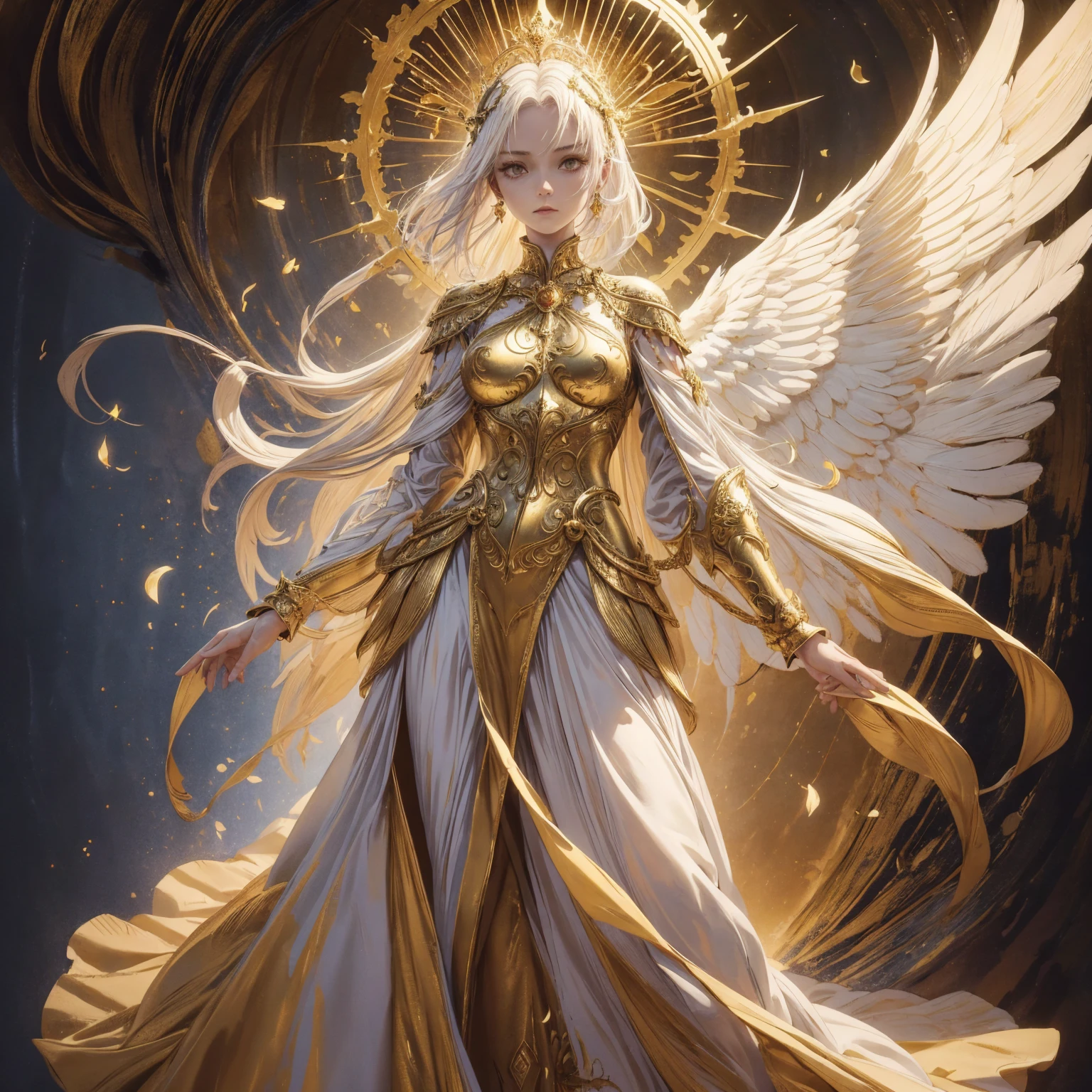 Art of Woman Wearing Sun Crown, Wearing a gorgeous golden breastplate that exposes a small amount of skin above the chest, Wearing a gorgeous golden dress, A pair of giant angel wings taller than the body spread out behind the woman., ancient goddess art, Sacredness. Very detailed, Mysterious inspiration, Inspiration from the Sun God, Religious inspiration, A divine background, Cold and snobbish face, Dangerous expressions, White hair, Standing pose floating in the air, Full body portrait, Gothic art style, Weird art style, Occult art