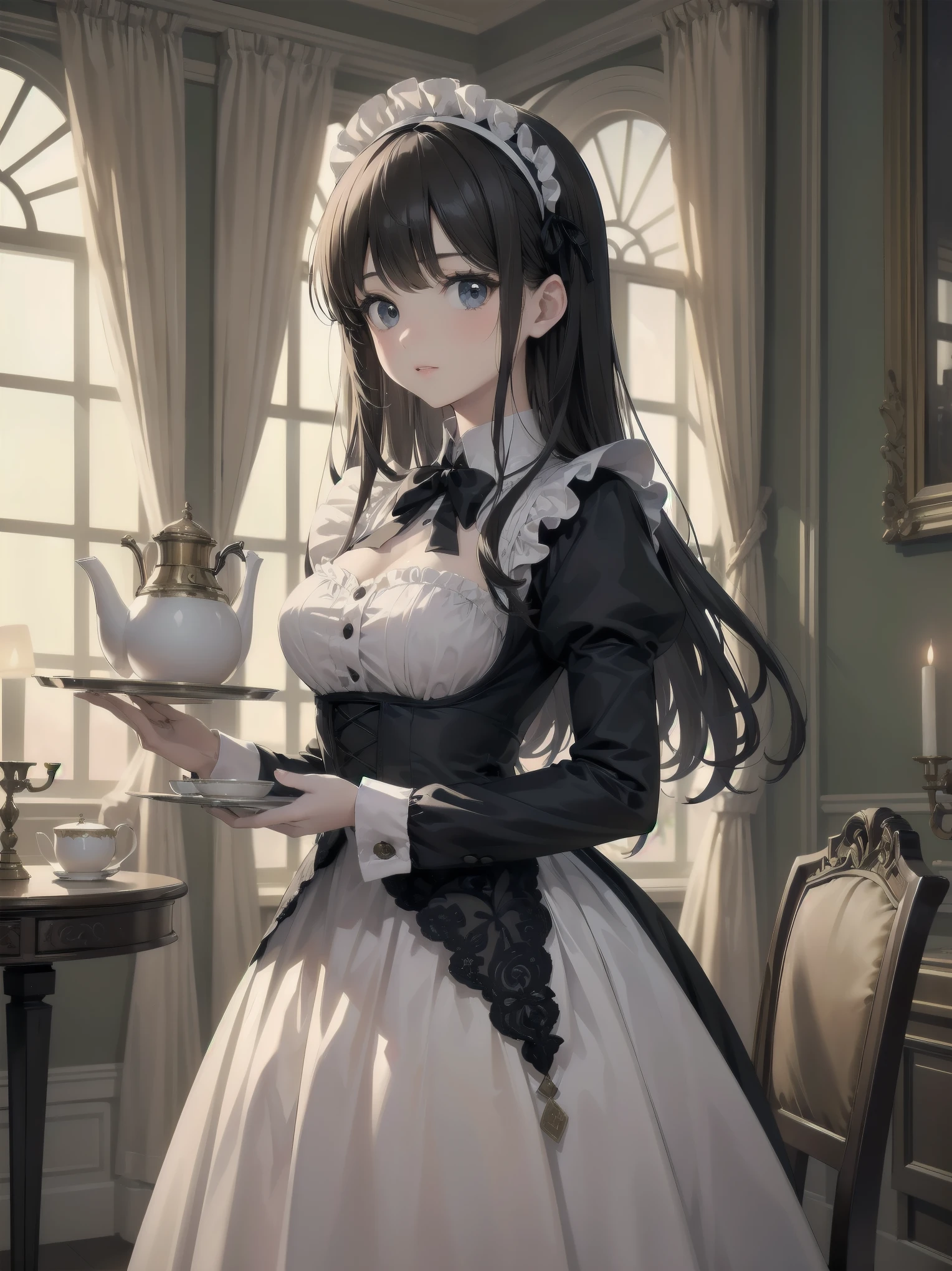 Illustration of a beautiful girl in a cute pose,(Masterpiece: 1.2), (Best quality: 1.2), A cute girl with long black hair, dressed in a classic black and white maid outfit with frilly lace and a matching headband, is standing in a beautifully decorated Victorian-style parlor. She is holding a silver tray with a teapot and teacup, her expression a mix of professionalism and warmth. The background includes ornate furniture, a chandelier, and large windows with heavy drapes, all bathed in soft afternoon light. This illustration emphasizes the elegant and welcoming atmosphere of a high-class tea service