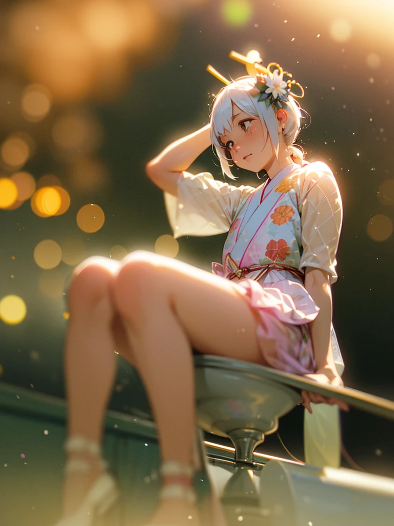 (Sumilux f1.4 50mm , low Latitude old color negative film , cross process , bokeh, flare, chromatic aberration , soft focus, (Shallow focus) , soft glow , Maximum aperture, High Key , Transparent depiction) , A toilet girl fighting with a naginata