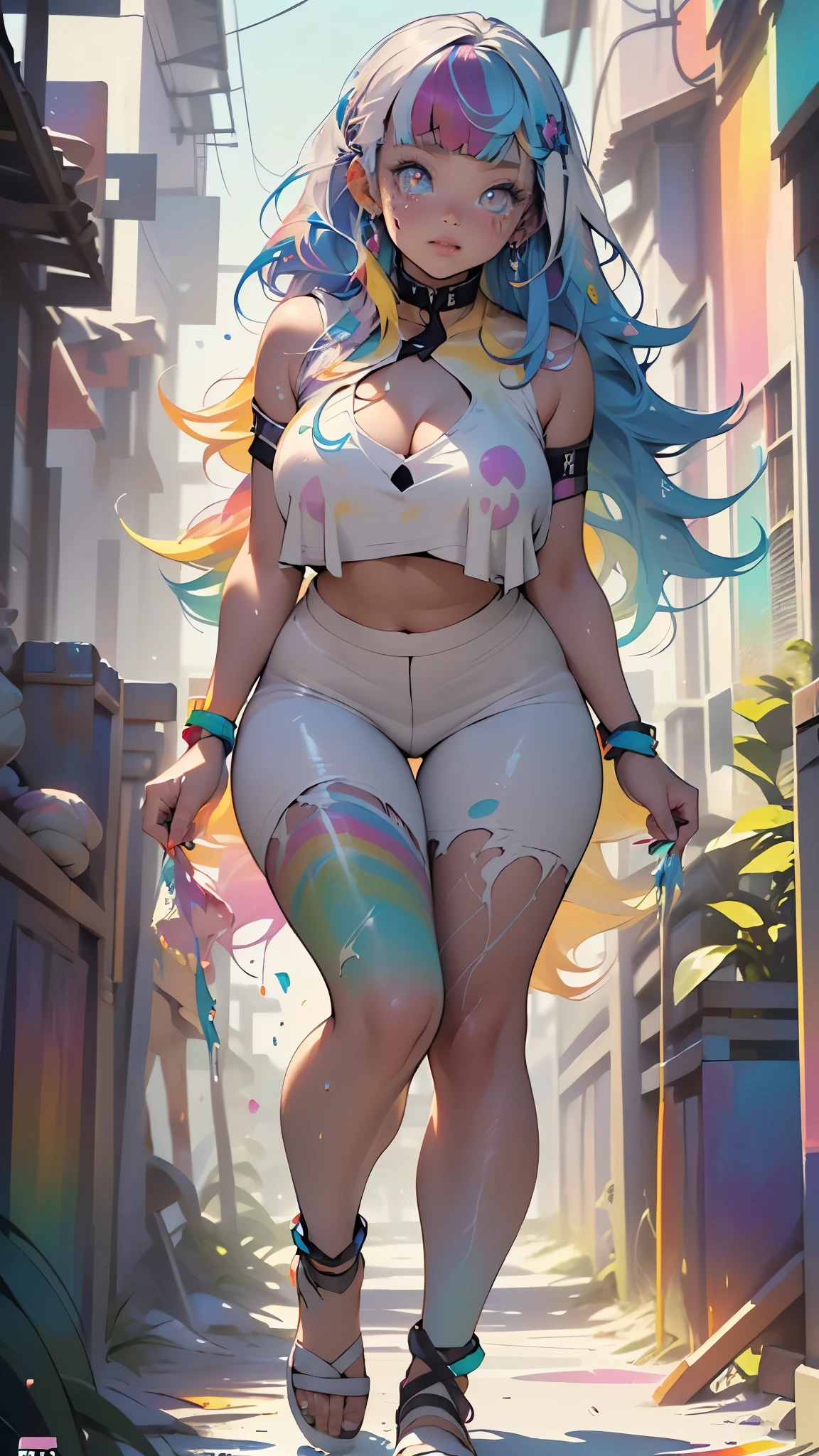 goddess girl,(((1girl))),((cute and beautiful rainbow haired girl)),

(Colorful hair:1.5), (all the colors of the rainbow:1.5),crystal clear eyes,rainbow color gradient bangs:1.5,(rainbow colored hair:1.5), color splash, color explosion, (colorful), Face Paint, ((streaked hair)),(Gradient color eyes),(((colorful eyes))),

(large breasts:1.4),saggy breasts,mane,((multicolored_hair:1.3)), ((rainbow hair:1.3)),((hair bangs:1.3)),((hair with the seven colors of the rainbow:1.3)),((straight hair:1.3)),((very straight hair,very_long hair:1.5)),((The beauty of extra-long hair)),((Super Long Straight Hair)),((bangs)),(((neon rainbow eyes:1.3))),intricate eyes,beautiful detailed eyes,symmetrical eyes,((fat)),(((lustrous skin:1.5,bright skin: 1.5,skin tanned,shiny skin,very shiny skin,shiny body,plastic glitter skin,exaggerated shiny skin,illuminated skin,wet legs))),(spider lower abdomen,narrow waist,wide hip,athletic body,inflated legs, thick thighs,detailed body,(detailed face)),

cute,slutty,erotic,((nsfw)),

white indian robe,white silk bikini,absurdres,Long legs,cleavage,(((wet clothes,intricate outfit,intricate clothes))),

((paint-stained whole body:1.5, paint-stained clothes, with painted face, (color splash),rich color holi festival:1.5, with beautiful colors, Vivid, full-color, colorful paintings,huge colors,(ink splatter), colorful,wearing paint splatters, thick rainbow paint cover the body:1.5)),

(hypnotized pose:1.0),hypnotized,(centered,scale to fit dimensions,Rule of thirds),

indoors,((holi festival of colors, holi event, smoke of all colors)), (huge columns of an indian palace,indian palace,indian palace background),scenery,extremely scenery,holi style,

(Glossy indian ornaments),highres,sharp focus,(ultra detailed,extremely detailed),(photorealistic artwork:1.37),(extremely detailed CG unity 8k wallpaper),(((vibrant colors,vibrant theme))),(intricate),(masterpiece),(best quality),artistic photography,(photography taken by sldr),(intricate background),perfe