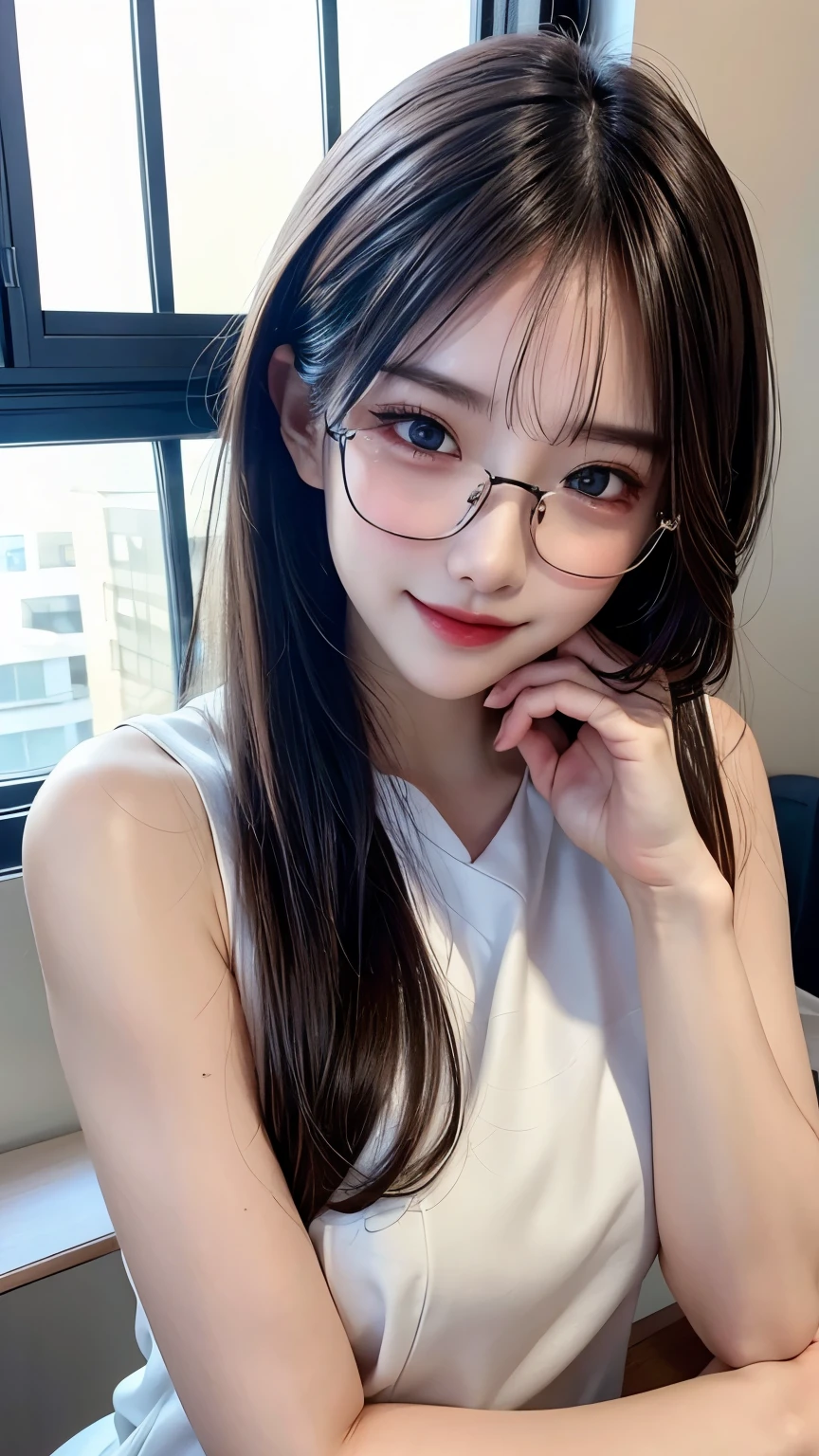 a cute woman, 8K, beautiful detailed eyes,very smiling, upper body, beautiful detailed lips, extremely detailed eyes and face, long eyelashes, slender body, thin face, delicate features, flawless porcelain skin, glistening sweat, realistic, sexy office lady outfit, high-rise office, one-person viewpoint, Fuji Film, F/1.2, masterpiece, nffsw, super detail, high quality, best quality, high resolution, glasses, mole under right eye, smiling, arms crossed
