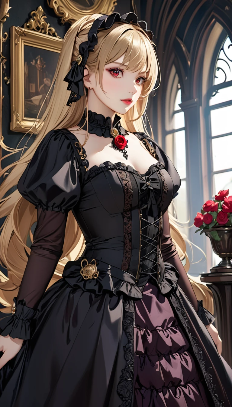 woman in skirt and boots , Baroque dress, Wearing a sophisticated steampunk dress, Elegant gothic princess, Victorian Gothic Lolita Fashion, historical Baroque dress dark, black gothic lolita dress, Fantasy style costumes, Rococo dress, Black Rococo,  Fantasy Costumes, wearing a Gothic dress, romantic gown, Gothic dress,Blonde,,(((Upper body portrait))),Red Eyes