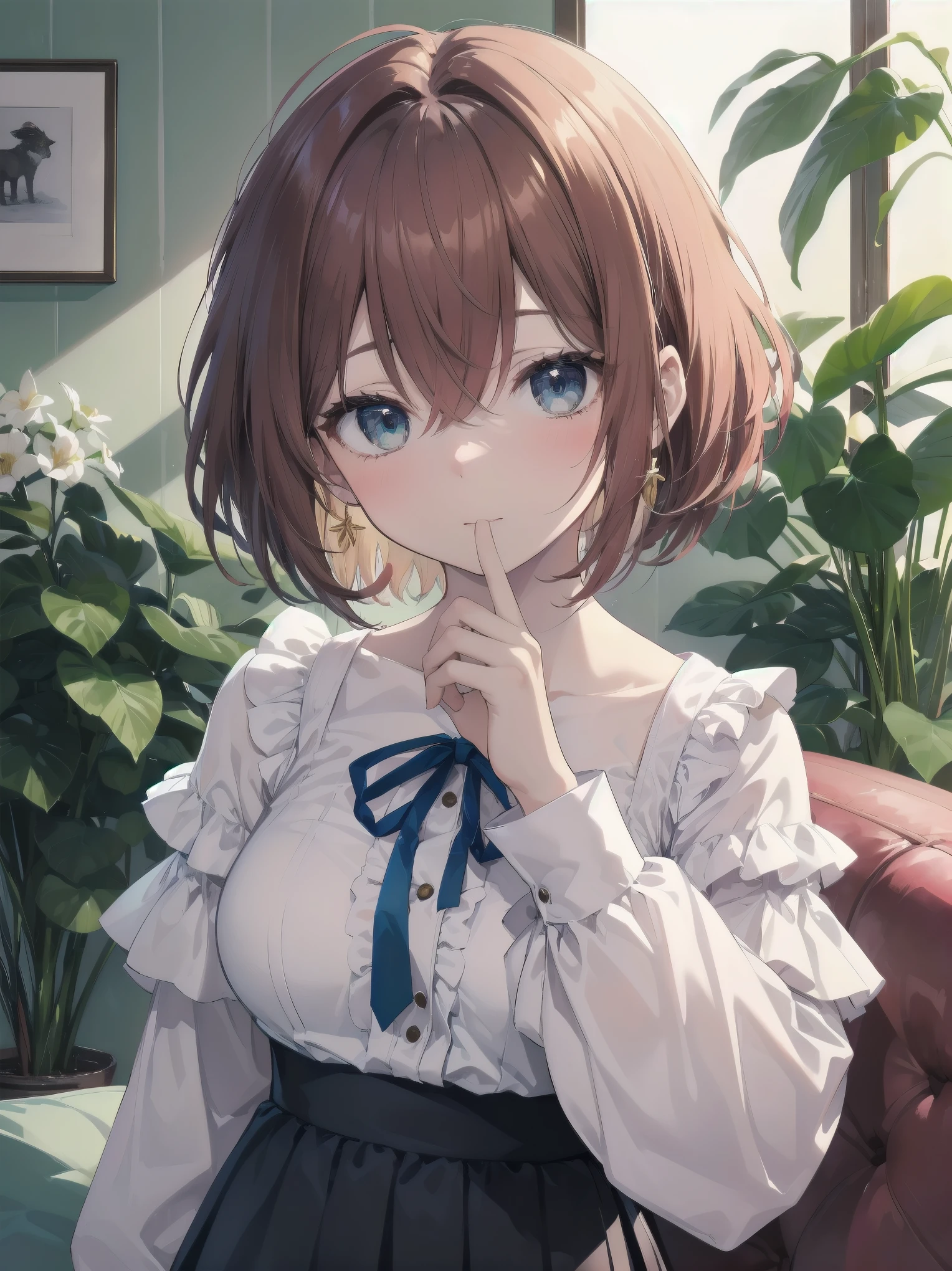 Scene Description: - Composition: Portrait. Focus on the face. Shot from the front. - Subject: Cute girl. (Chibi:1.1). Real person. - Features: - Face: (Cute round face:1.2). - Eyes: Detailed dark blue eyes. - Hair: One-leg bob-cut hair down the front with a large ribbon hairpiece, (golden hair), (red inner hair), auburn hair, hair between the eyes. - Body: Detailed slender body. Large breasts. - Clothing: Pink ruffled blouse, flares, blue ribbon tie, long ruffled sleeves, layered skirt. - Expression: happy expression. Mouth open. - Pose: head tilted back. She is looking at the viewer. - Background: living room of a trendy café. - Elements: Houseplants. Cute pastel sofa. Cute pastel curtains. Cute pastel-colored wallpaper. Time: Daytime. Lighting: (Natural light: 1.4). Art Style: Watercolor. Traditional media. Quality: Intricate details. Highly detailed. Outstanding complexity. (Masterpiece: 1.2). (Highest quality: 1.2). (Absurd absolute resolution: 1.4). Mood: Calm,