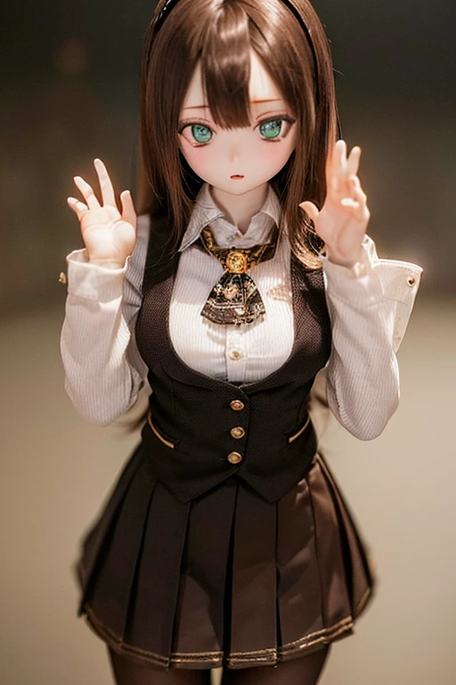 (SFW:2), photorealistic, realistic photo, 8k, ((highest quality)), ((masterpiece)), (extremely detailed), kukolnydom, doll, (mature woman, 22yo, 22 years old, solo:1.6), ((cowboy shot, dynamic pose, slim, slender, skinny, medium breasts, hairband, ascot, vest, blouse, long puff sleeves, pleated skirt, black pantyhose)), (green eyes, brown hair, long hair, plastic skin, looking at another, glass eyes, gradient eyes, shining eyes, detailed eyes:1.3)