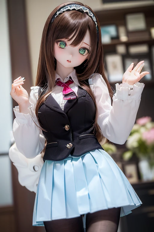 (SFW:2), photorealistic, realistic photo, 8k, ((highest quality)), ((masterpiece)), (extremely detailed), kukolnydom, doll, (mature woman, 22yo, 22 years old, solo:1.6), ((cowboy shot, dynamic pose, slim, slender, skinny, medium breasts, hairband, ascot, vest, blouse, long puff sleeves, pleated skirt, black pantyhose)), (green eyes, brown hair, long hair, plastic skin, looking at another, glass eyes, gradient eyes, shining eyes, detailed eyes:1.3)