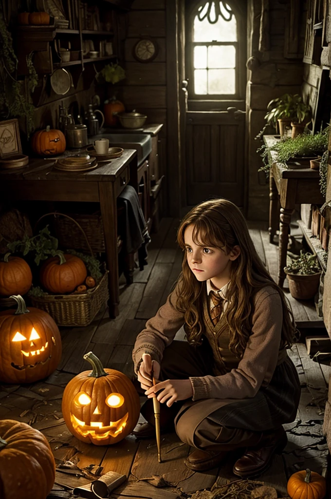 Hermione from Harry Potters movie character enchanted a magic spelling using her wand on a pumpkin on the floor, background old cottage with messy environment, plants on the ceilling crawling, sillhoutes lightings