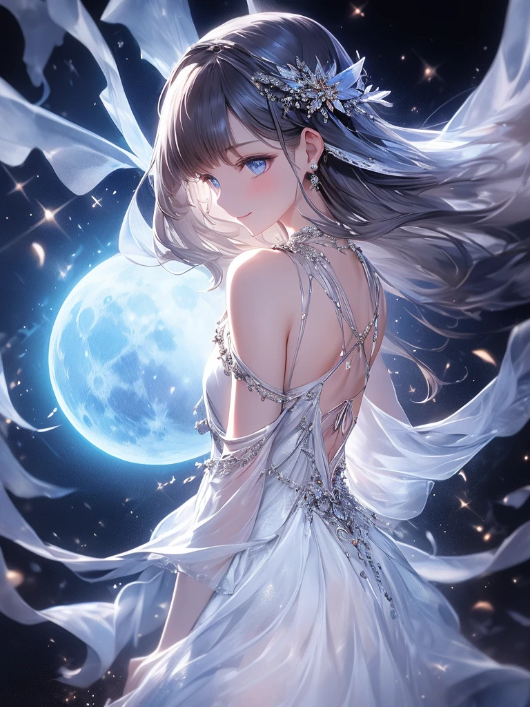 (masterpiece:1.2),(4k),high quality,(perfect anatomy),((arms behind side)),(1 girl),(goddess of the moon),Artemis,silver long hair,beautiful detailed blue eyes,a shy smile,(bioluminescent dress),Undeservedly beautiful,dreamy romantic,fantastic and dreamy theme,mysterious atmosphere,enchanting dream,fantastical scenes,Add a dramatic and symbolic element to your scene,(silver moon light)