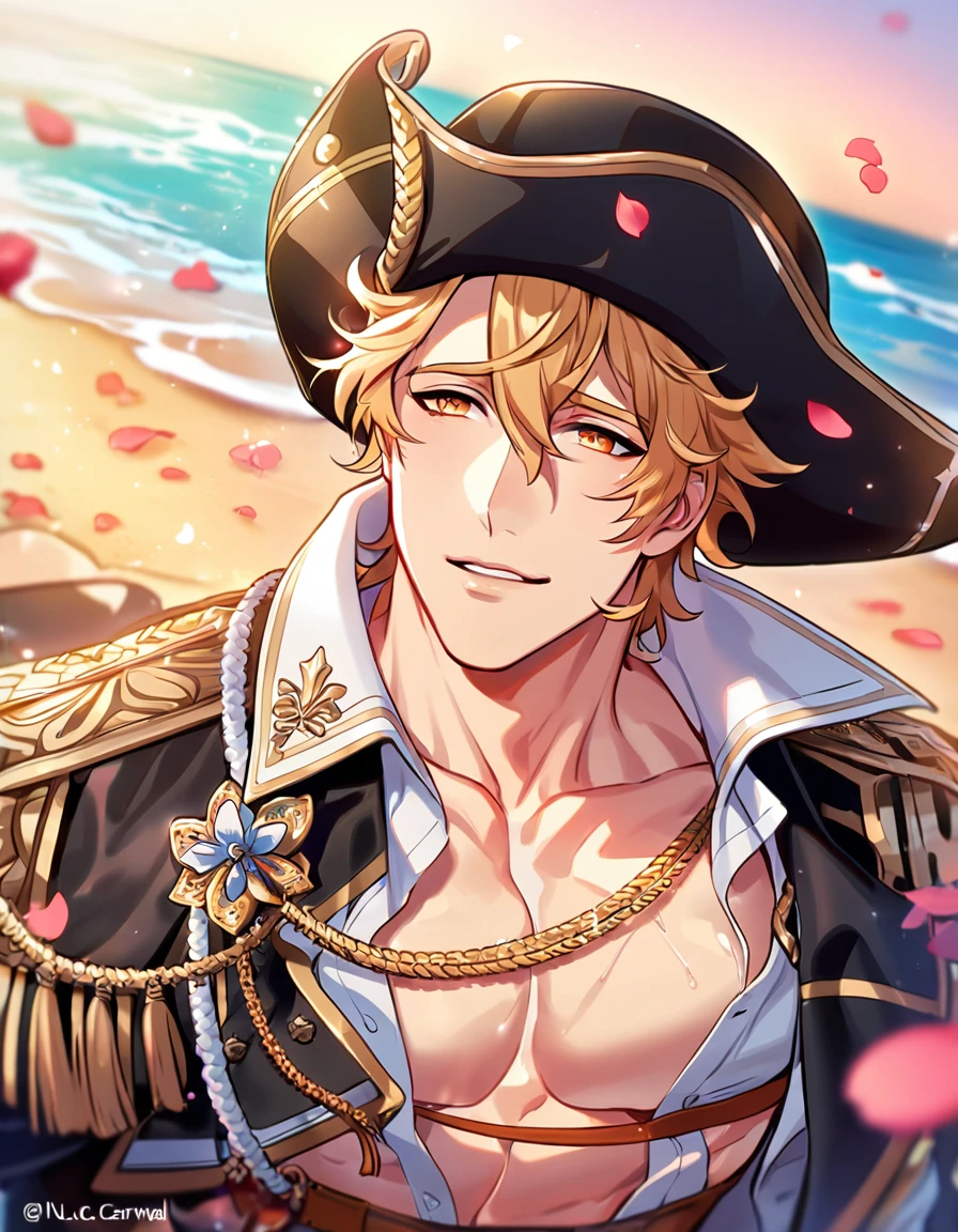 absurdres, highres, ultra detailed, HDR, master piece, best quality, Quincy, blond messy hair, expressive orange eyes, Nu Carnival, solo, sexy man, handsome, horny, lewd, black hat, fantasy black pirate clothes, accessories, showing the chest, beach, sea, petals, flowers