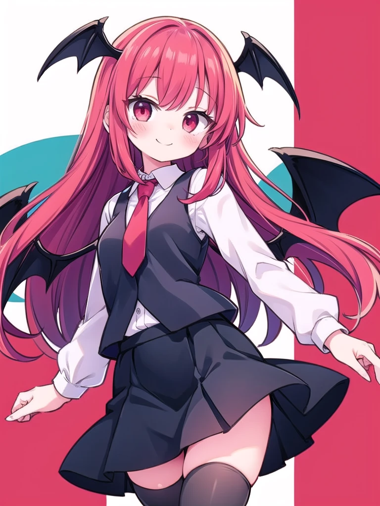 1girl, masterpiece, best quality, perfect hands, very long hair, red hair, koakuma, vest, black vest, black skirt, skirt, very short skirt, red necktie, necktie, white shirt, bat wings, black thighhighs, smile, red eyes, blush