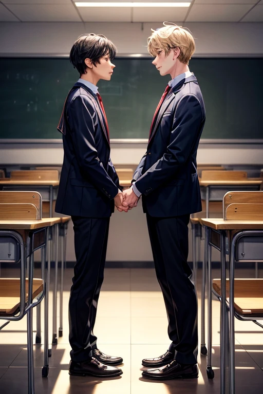 Two male students stand facing each other looking face to face, serious facial expressions and a small space between the two, they look at each other inside the classroom
