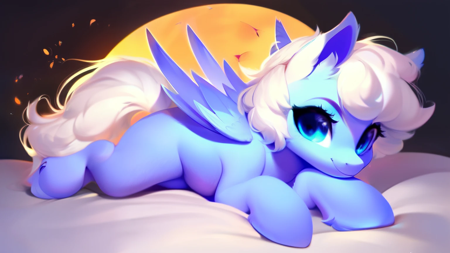 rating_safe, score_9, fluffy, feral pegasus pony,Bad,round cute face,very (((lightblue body))), (((white short hair))) Smooth and fine semi-long bristles,Gentle and clear light blue eyes,Gentle smile。Soft tones.Lying in bed,White bed。Hazy and warm atmosphere。night。Full body portrait
