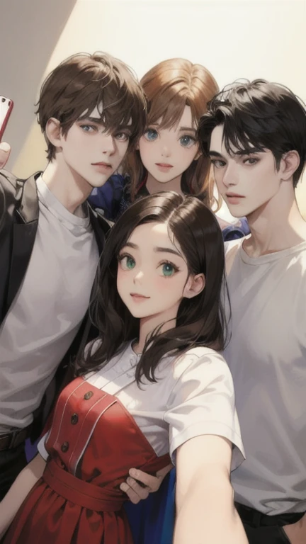 A chubby woman. She has short wavy blonde hair, green eyes. She is taking a selfie with her male friends. One has black hair and eyes and the other has brown hair and blue eyes.