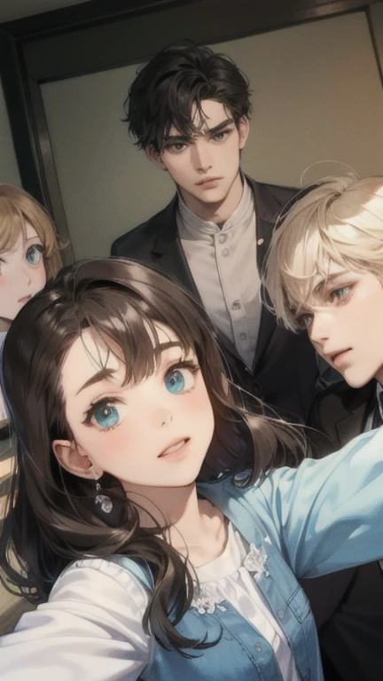 A chubby woman. She has short wavy blonde hair, green eyes. She is taking a selfie with her male friends. One has black hair and eyes and the other has brown hair and blue eyes.