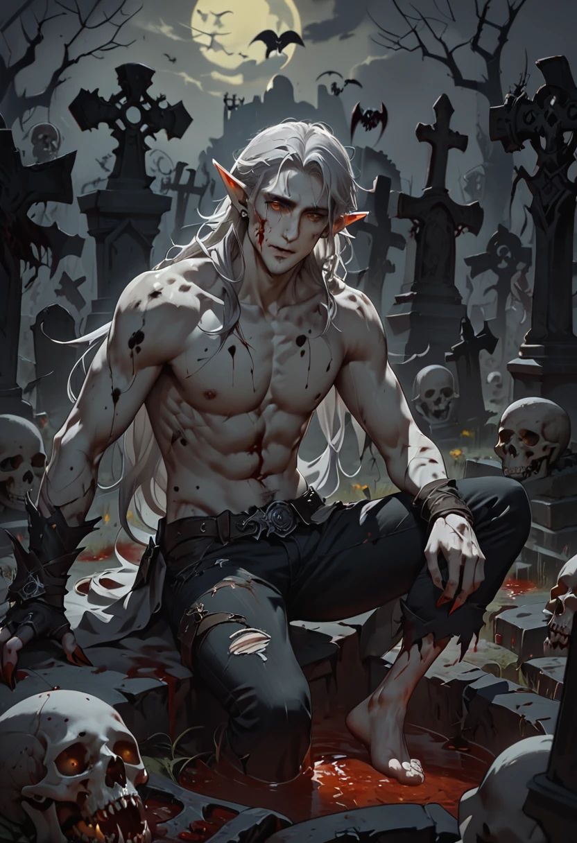 masterpiece, Best quality, permission 8k, male focus, sharp image, stunning composition, Volumetric lighting, super quality, Very detailed, fantasy, Adult male dead elf with very long white curly disheveled hair, pale, dead man with pale grayish skin, thin, skinny, with white stubble, Expressive yellow eyes, beautiful sharp facial features, cadaveric spots, pale scars on the body and face, shirtless, wearing fingerless gloves, torn pants, without shoes, in blood, sharp claws, fantasy средневековье, Grim Graveyard