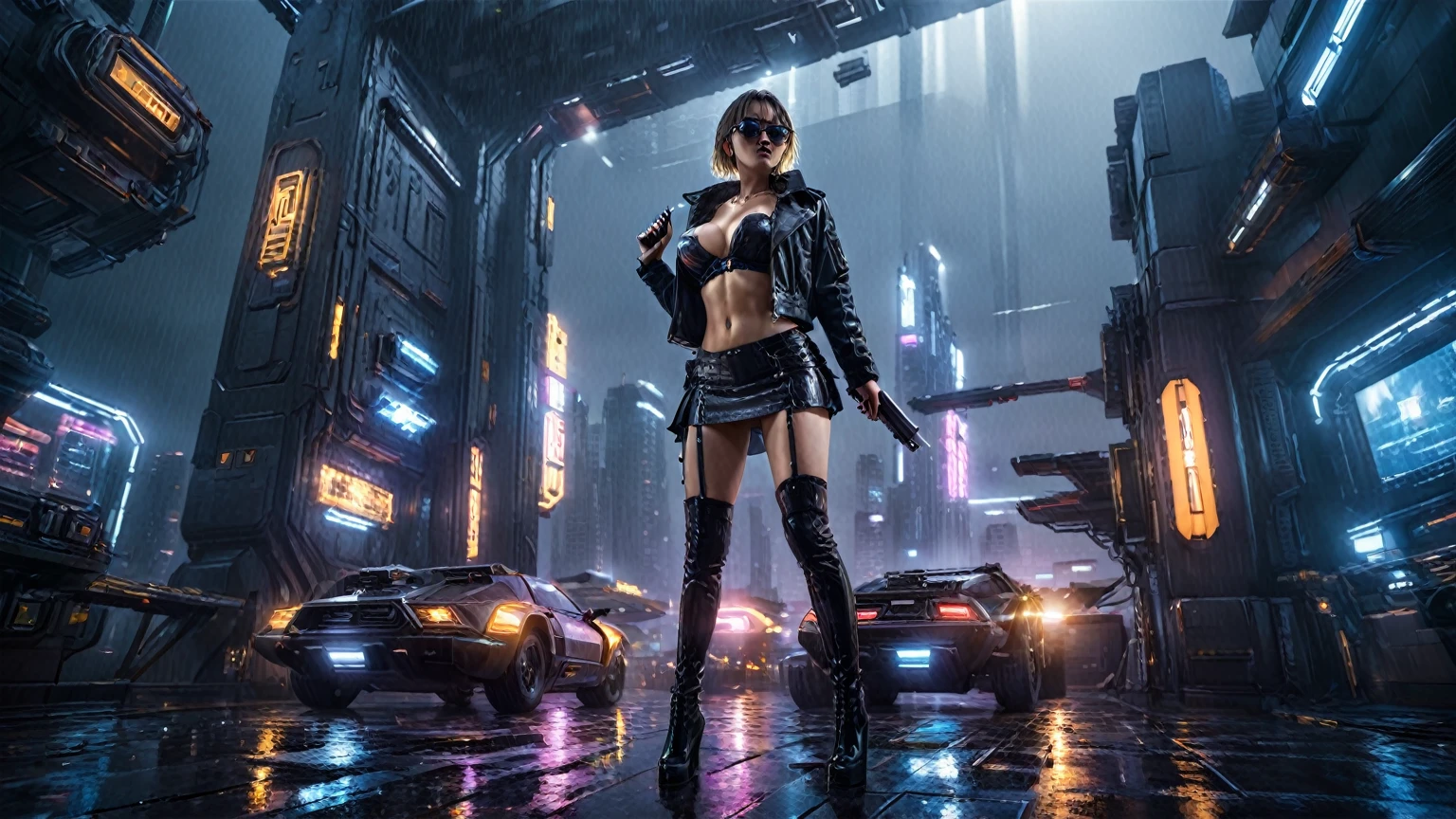 (((aerial view))), Blade Runner style futuristic space station platform, flying cars, neon lights, rainy night. (1girl, solo, alone), large-breast:1.2 slim body, cleavage:1.1, sexy laced lingerie, low angle view miniskirt, jacket, (black sunglasses), (((she raised a pistol:1.8 and shot the viewer))), dynamic pose, (((half-body thigh level medium shot))), cinematic lighting, lens flare, ray tracing.