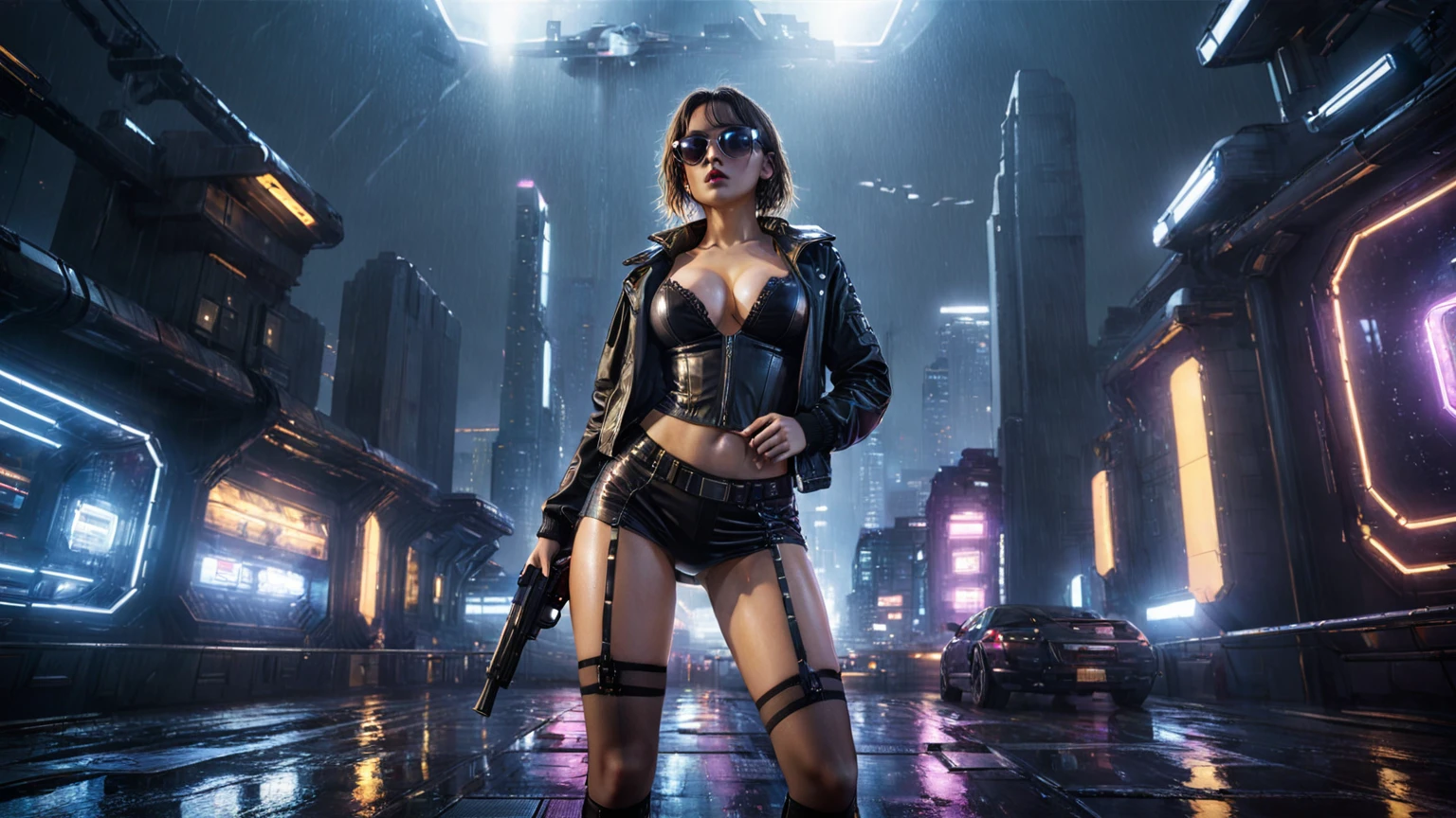 (((aerial view))), Blade Runner style futuristic space station platform, flying cars, neon lights, rainy night. (1girl, solo, alone), large-breast:1.2 slim body, cleavage:1.1, sexy laced lingerie, low angle view miniskirt, jacket, (black sunglasses), (((she raised a pistol:1.8 and shot the viewer))), dynamic pose, (((half-body thigh level medium shot))), cinematic lighting, lens flare, ray tracing.