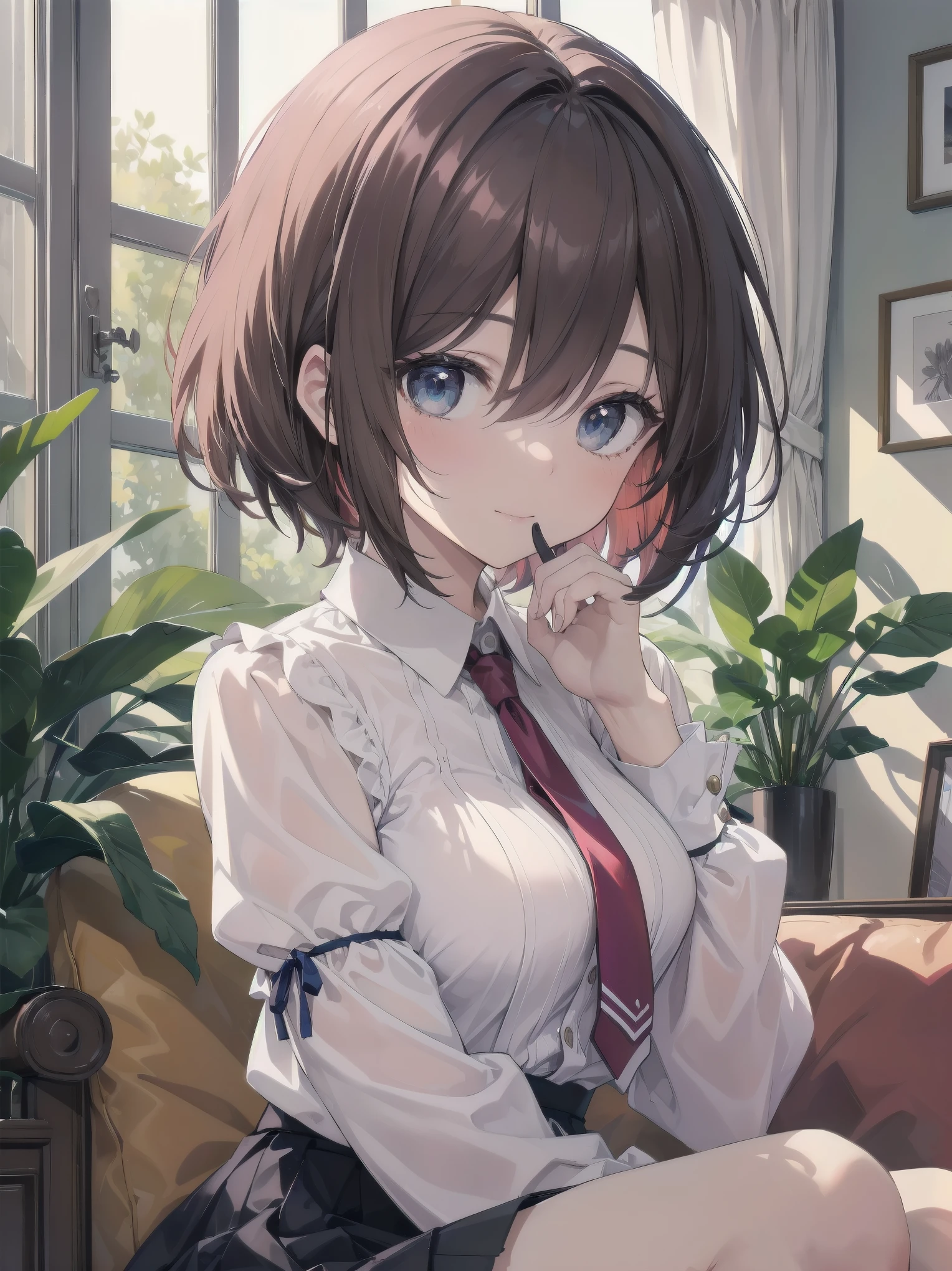 Scene Description: - Composition: Portrait. Focus on the face. Shot from the front. - Subject: Cute girl. (Chibi:1.1). Real person. - Features: - Face: (Cute round face:1.2). - Eyes: Detailed dark blue eyes. - Hair: One-leg bob-cut hair down the front with a large ribbon hairpiece, (golden hair), (red inner hair), auburn hair, hair between the eyes. - Body: Detailed slender body. Large breasts. - Clothing: Pink ruffled blouse, flares, blue ribbon tie, long ruffled sleeves, layered skirt. - Expression: happy expression. Mouth open. - Pose: head tilted back. She is looking at the viewer. - Background: living room of a trendy café. - Elements: Houseplants. Cute pastel sofa. Cute pastel curtains. Cute pastel-colored wallpaper. Time: Daytime. Lighting: (Natural light: 1.4). Art Style: Watercolor. Traditional media. Quality: Intricate details. Highly detailed. Outstanding complexity. (Masterpiece: 1.2). (Highest quality: 1.2). (Absurd absolute resolution: 1.4). Mood: Calm,