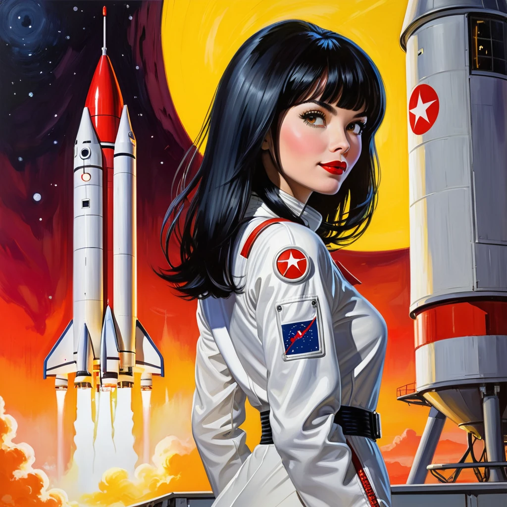 High-quality realistic acrylic painting, VIVID COLORS, back point a view, a beautiful european woman with shoulder-length black straight hair, bangs, looking at the viewer with suspicious face and a shy smile, red lips, she wears white space suit, hands in the waist, dramatic yellow red lights, background night in 60´s rocket launch platform
