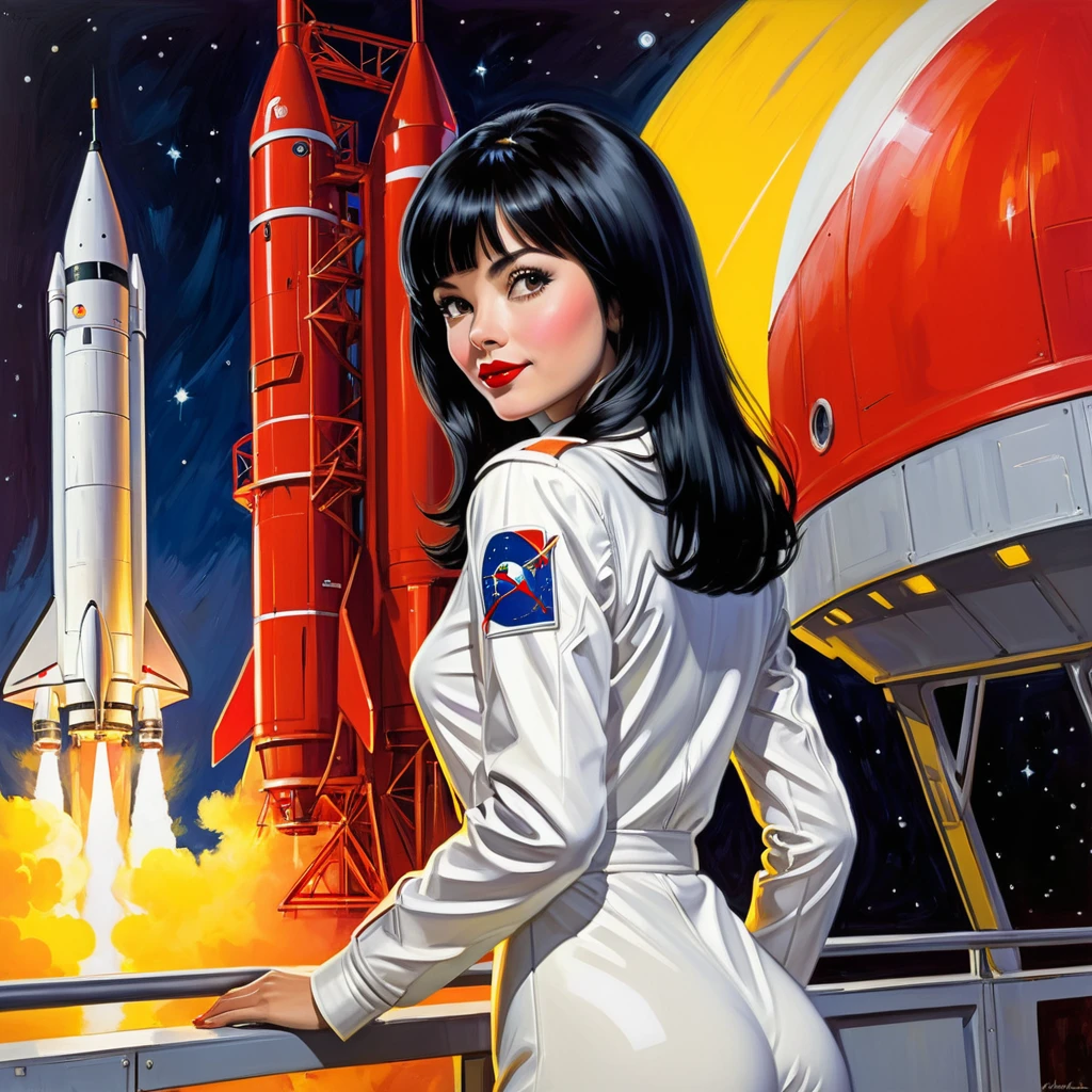 High-quality realistic acrylic painting, VIVID COLORS, back point a view, a beautiful european woman with shoulder-length black straight hair, bangs, looking at the viewer with suspicious face and a shy smile, red lips, she wears white space suit, hands in the waist, dramatic yellow red lights, background night in 60´s rocket launch platform
